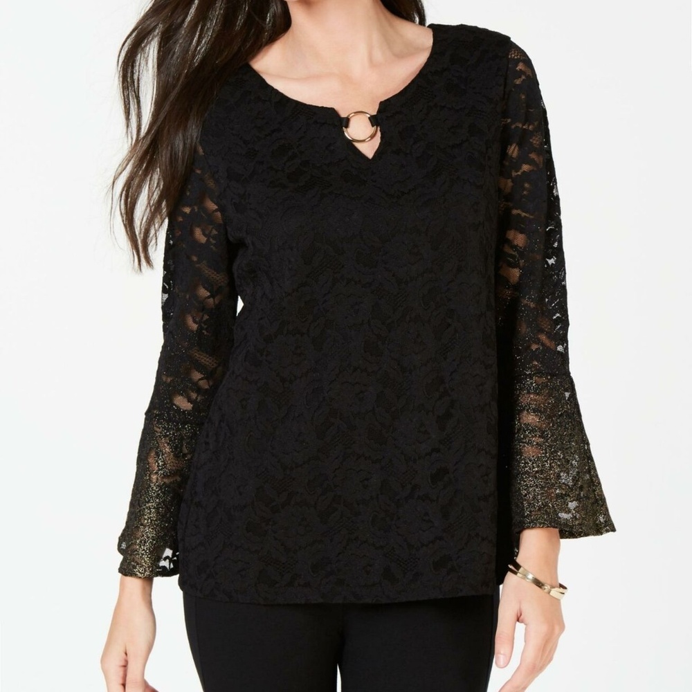 JM Collection XL Black Floral Print Top 3W44